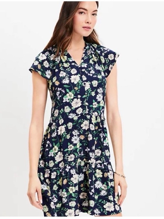 LOFT Dresses & Skirts - LOFT Petites Navy Floral Button-Front Dress with Pink and Yellow Blooms NWT